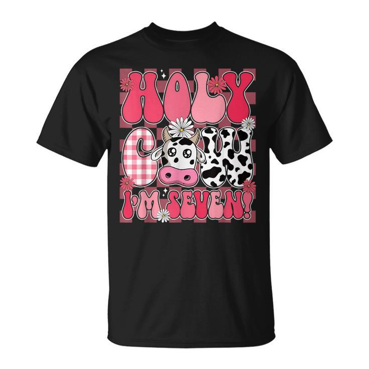 Holy Cow I'm Seven 7 Years Old 7Th Birthday Girl Groovy T-Shirt