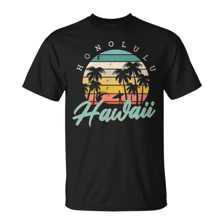 Honolulu Hawaii Surfing Oahu Island Aloha Sunset Palm Trees T-Shirt