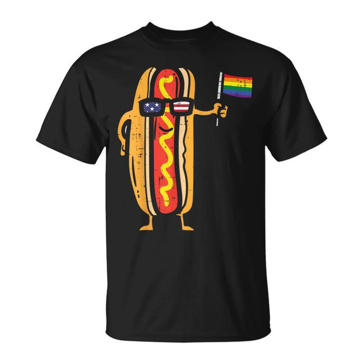 Hotdog Us Flag Sunglasses Rainbow Flag Gay Pride Lgbtq Food T-Shirt