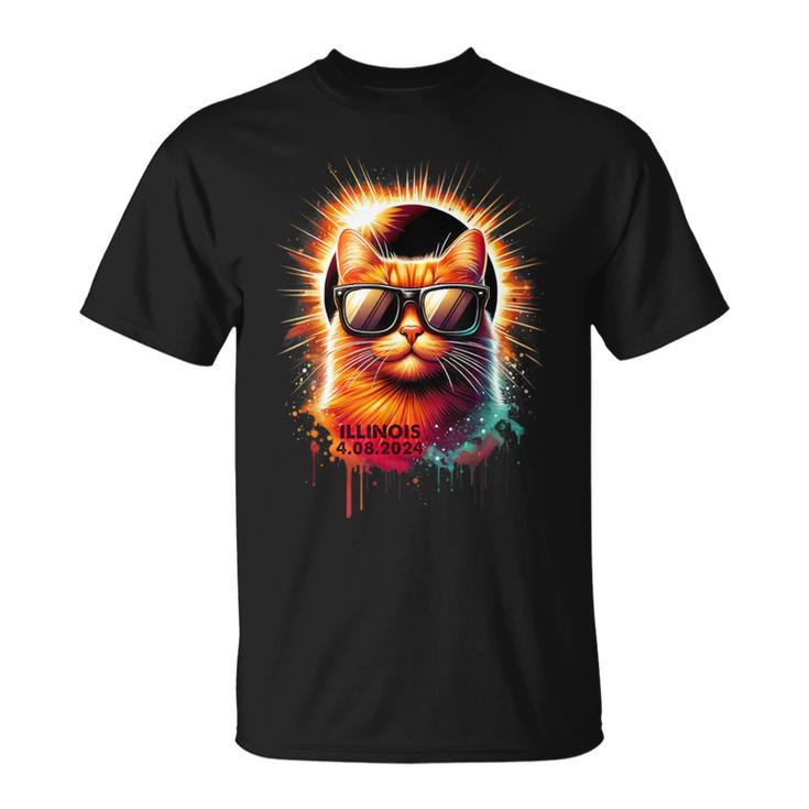 Illinois 2024 Total Solar Eclipse Cat Wearing Glasses T-Shirt