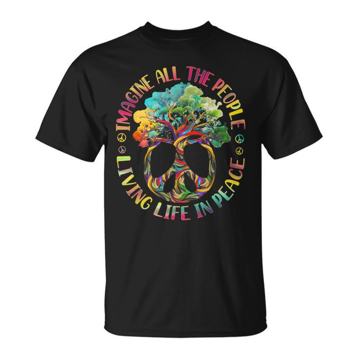 Imagine-All People Living Life In Peace Hippie Tie Dye Tree T-Shirt