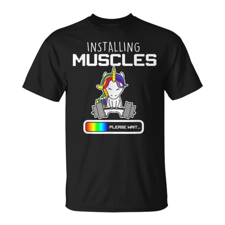 Installing Muscles Unicorn Loading Lifting T-Shirt