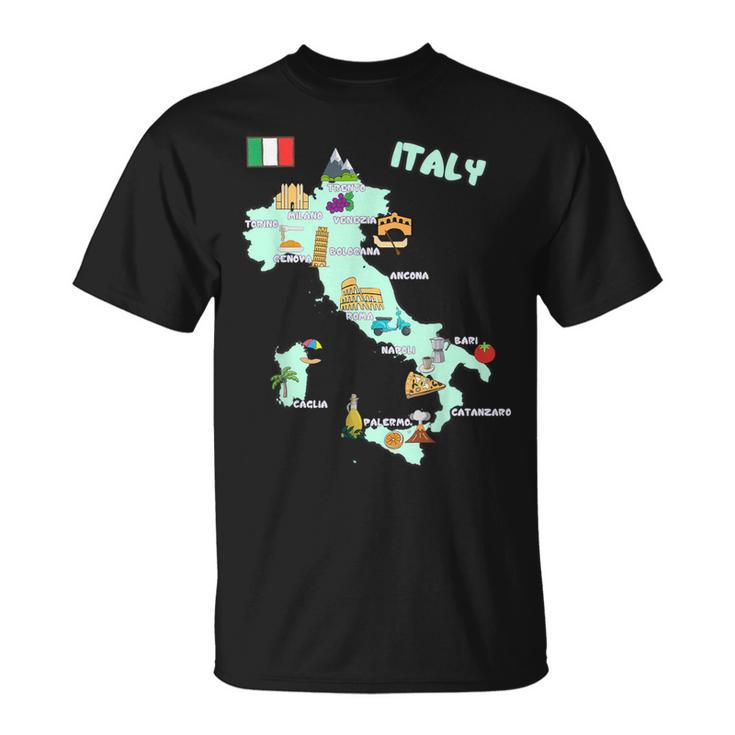 Italy Map Italian Landmarks Hand Drawn Symbols Cities Flag T-Shirt