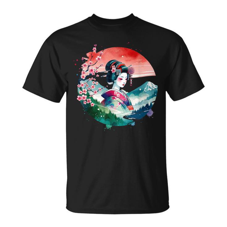 Japan Traditionell Landschaft Geisha Kirschblüte Retro Anime T-Shirt