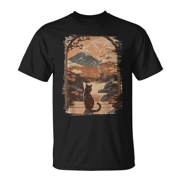 Japanese Cat With Landscape And Mountain T-Shirt