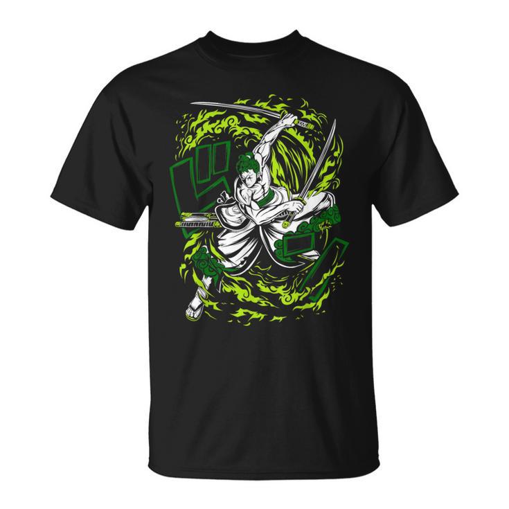 Japanese Three Sword Style Samurai Straw Hatted Anime T-Shirt