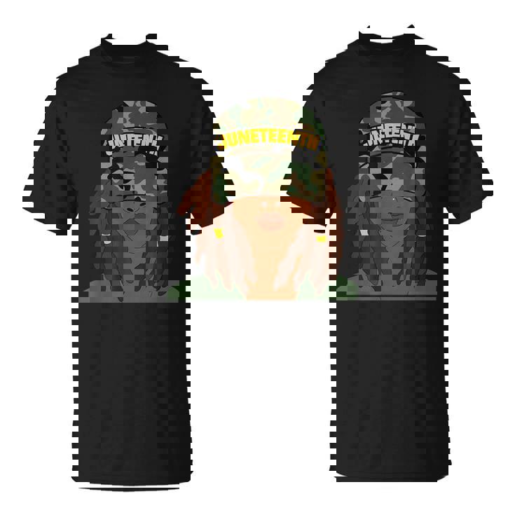 Junenth Black Woman Face Locs Camo Hat T-Shirt