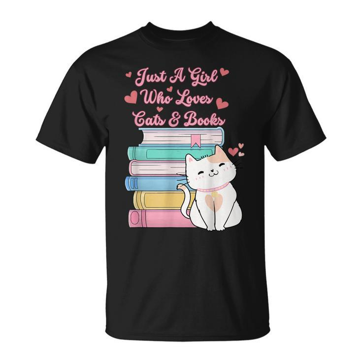 Just A Girl Who Loves Cats And Books Bookworm Cute Kitten T-Shirt