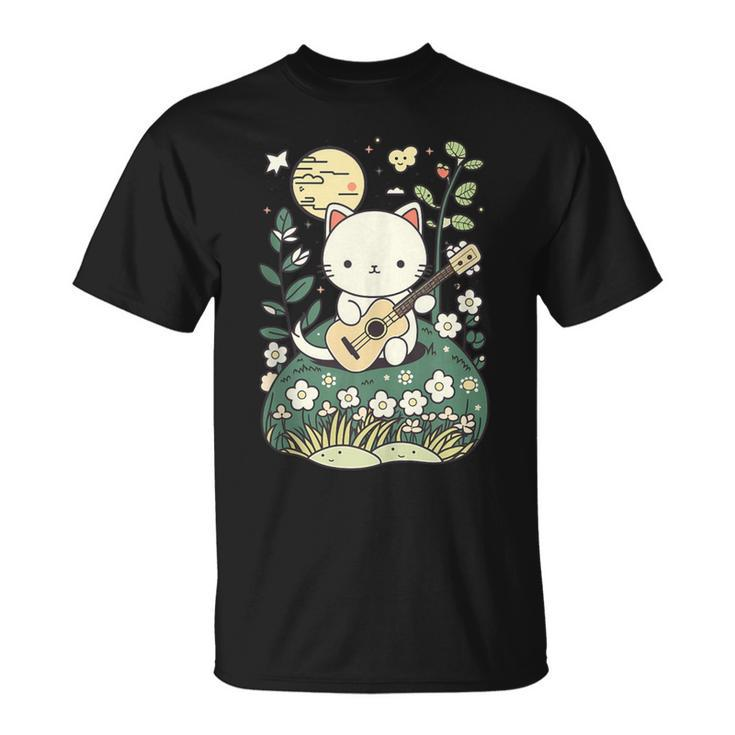 Kawaii Cat Playing Guitar Cute Flowers And Moon Cat Lover T-Shirt