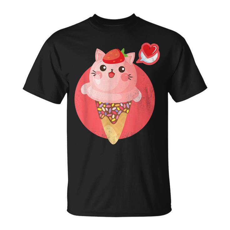 Kawaii Cute Cat Ice Cream Sprinkle Cone Strawberry Top Heart T-Shirt