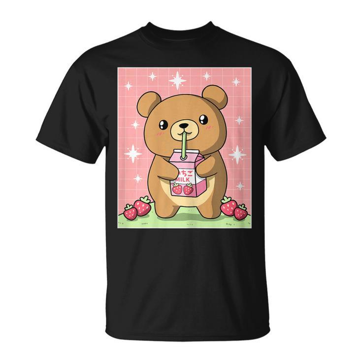 Kawaii Teddy Bear Drinking Strawberry Milk Japanese T-Shirt