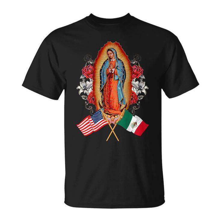 Our Lady Virgen De Guadalupe Mexican American Flag T-Shirt
