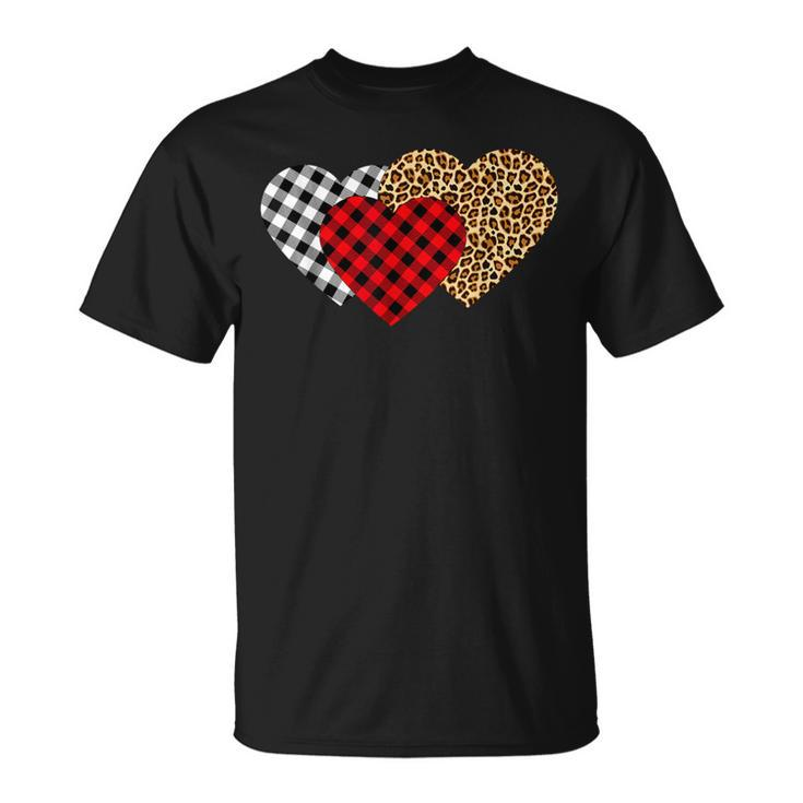 Leopard Heart Buffalo Plaid Heart Valentine Day T-Shirt