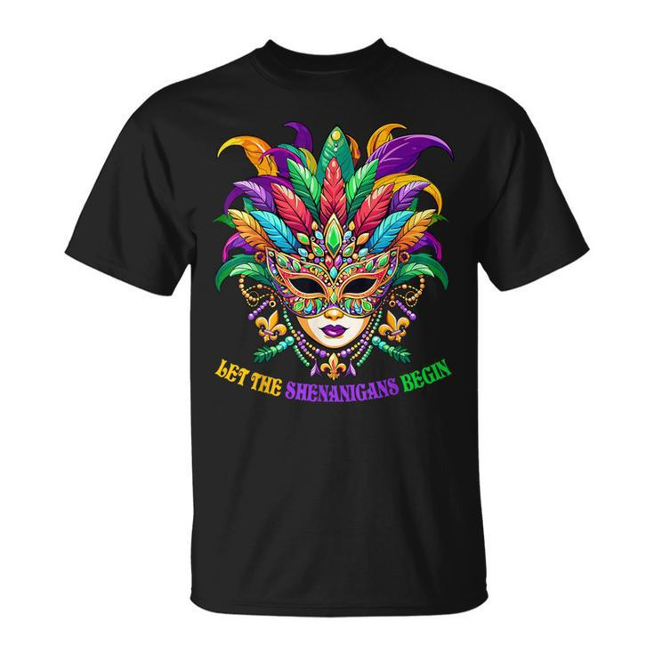 Let The Shenanigans Begin Mardi Gras Jester Mask Beads Women T-Shirt