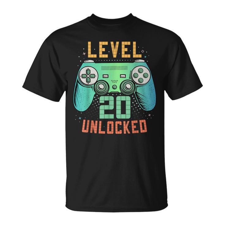 Level 20 Unlocked 20Th Birthday Gamer 20 Year Old Male T-Shirt
