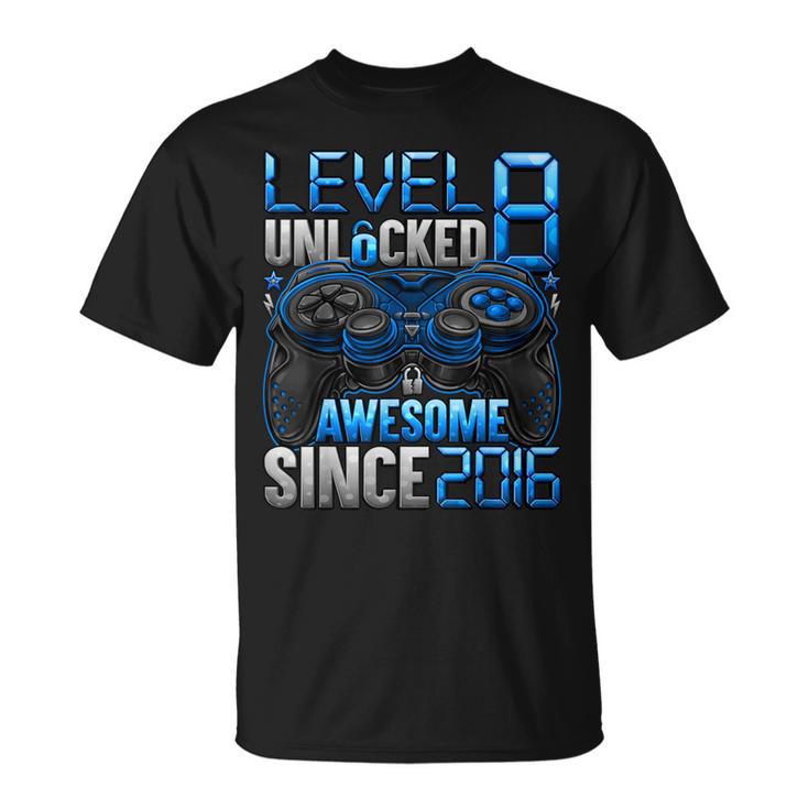 Level 8 Unlocked Awesome Since 2016 8Th Birthday Gaming T-Shirt