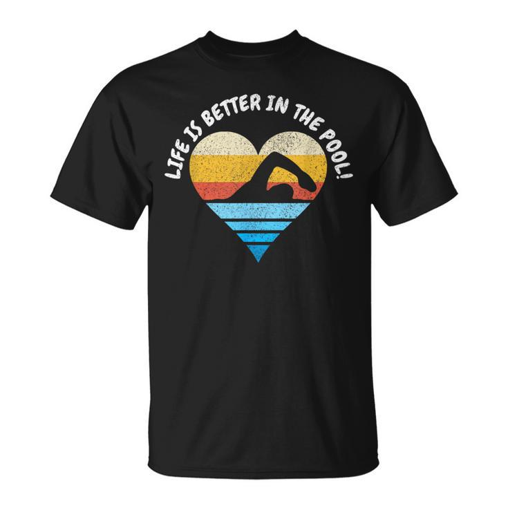 Life Is Better In The Pool Retro Distressed Heart-Love Swim T-Shirt