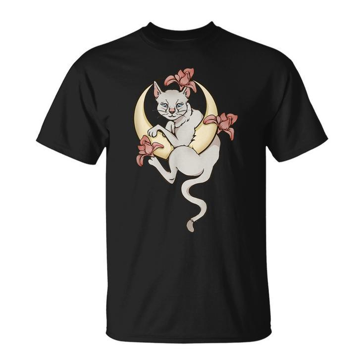 Lilie Flowers Celestial Cat In A Crescent Moon T-Shirt