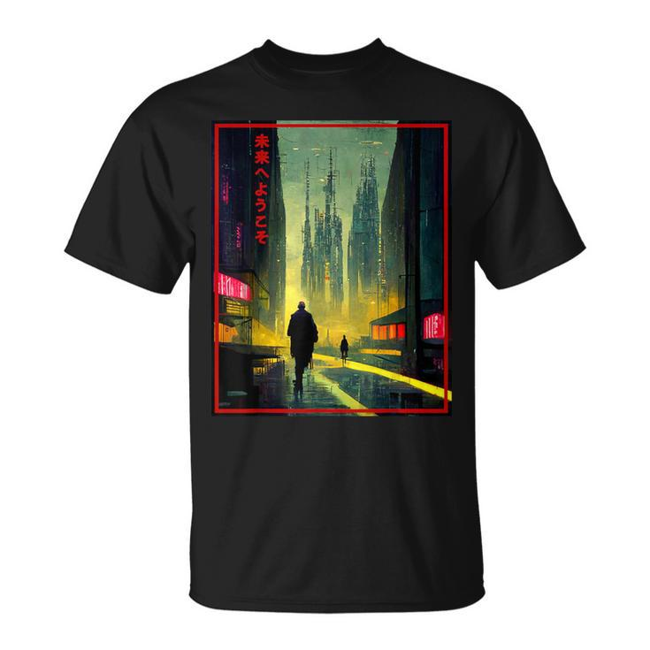 A Man Walks Cyberpunk City Japanese Text Futuristic Costume T-Shirt