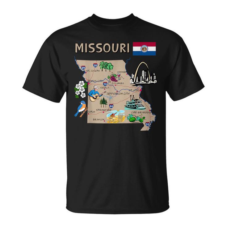 Map Of Missouri Landmarks Major Cities Roads Flag T-Shirt