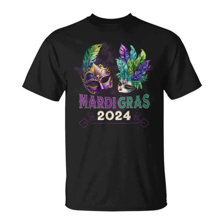Mardi Gras 2024 Jester Feather Masks Carnival Parade Party T-Shirt