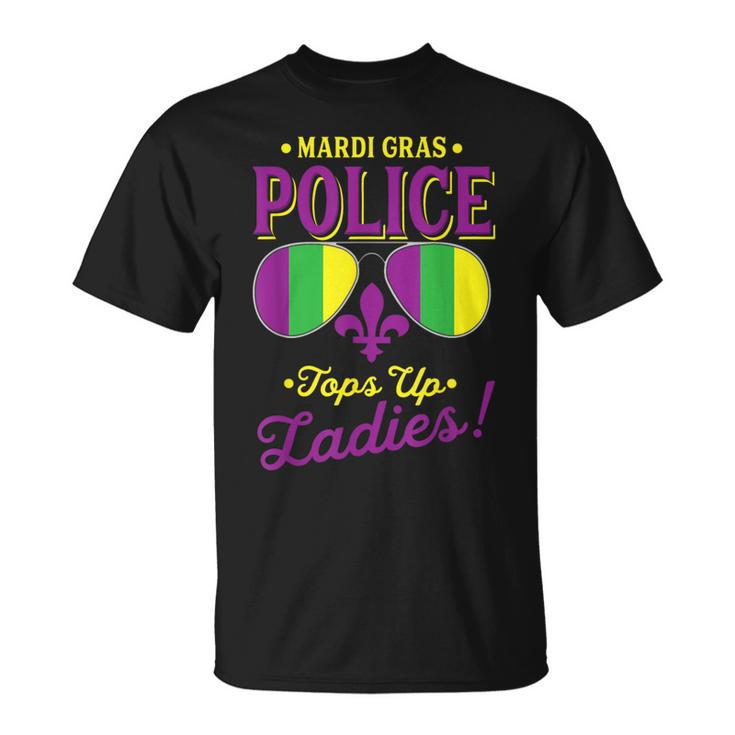 Mardi Gras Police Tops Up Ladies Boobs Beads Party Drinking T-Shirt