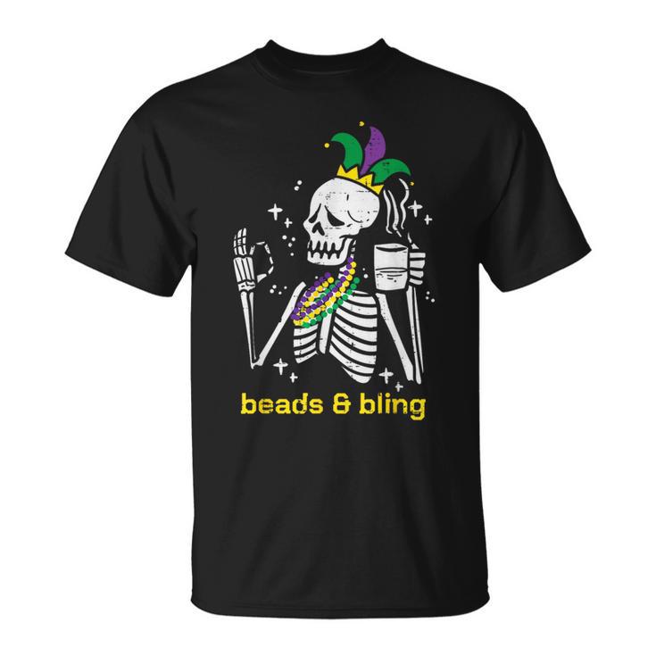 Mardi Gras Skeleton Beads Bling Outfit Women T-Shirt