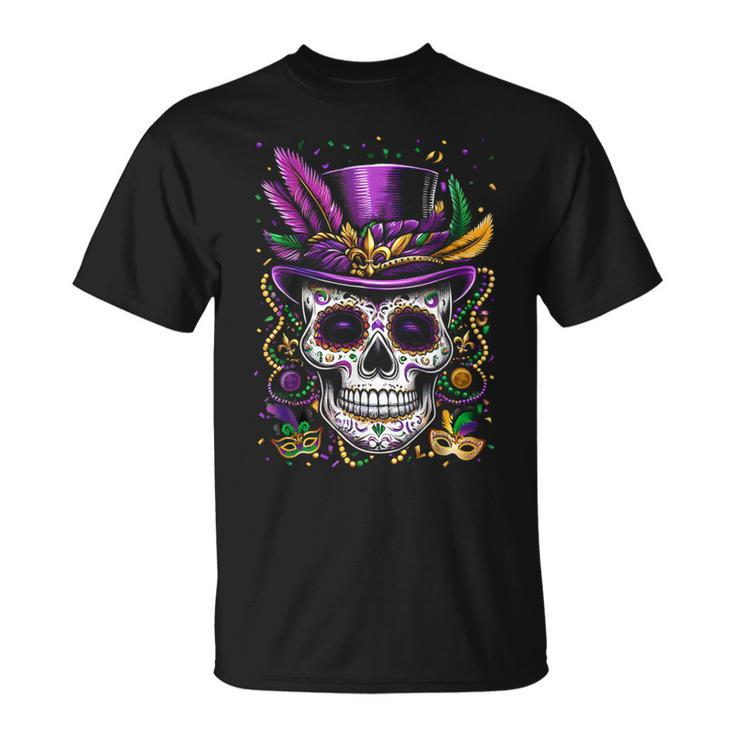 Mardi Gras Skull Top Hat Beads Mask New Orleans Louisiana T-Shirt