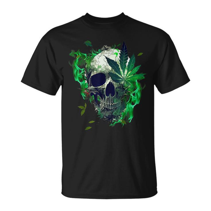 Marijuana Skull Smoke Weed Cannabis 420 Pot Leaf Sugar Skull T-Shirt