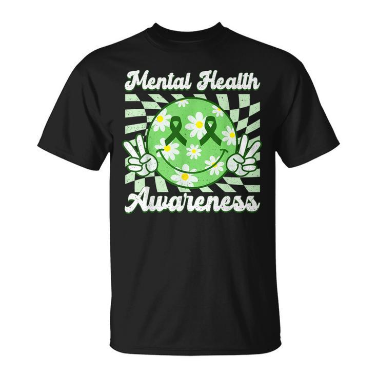 Mental Health Awareness Smile Face Checkered Green Ribbon T-Shirt