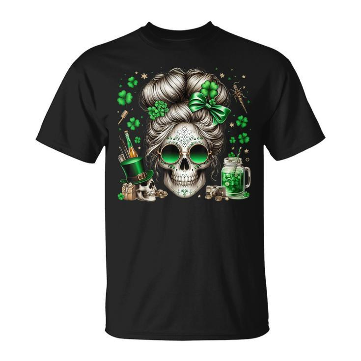 Messy Bun Skull Saint Paddys Day Irish Women T-Shirt