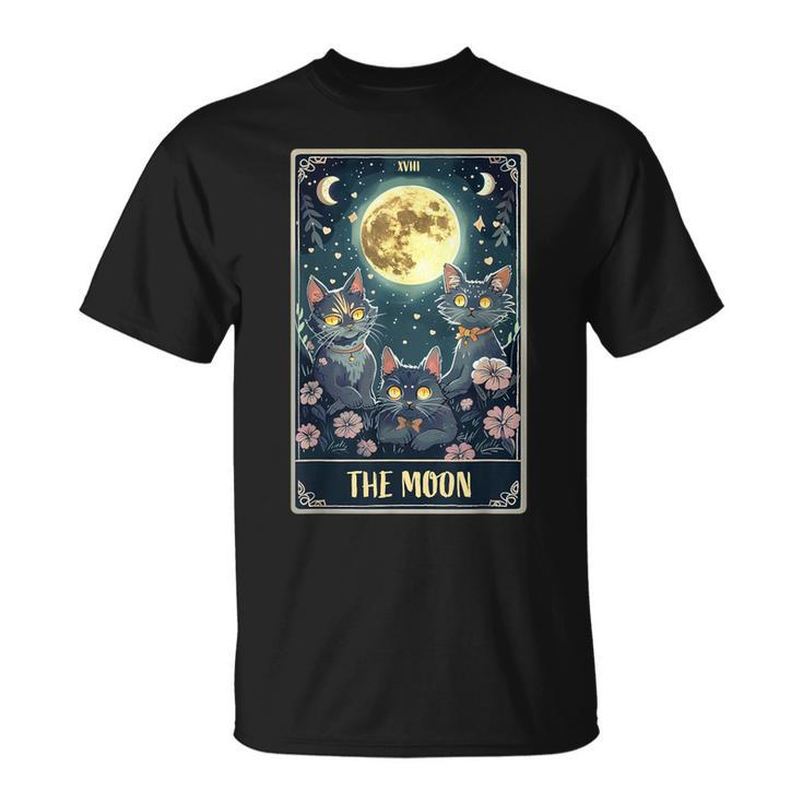 The Moon Tarot Card Three Cats Moon Flower Cute Cat Moon T-Shirt