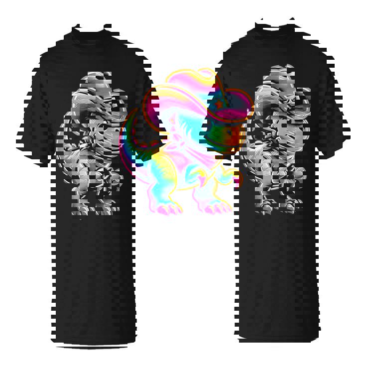 Neon-Colored Dinosaur In Cowgirl Or Cowboy Hat Cute T-Rex T-Shirt