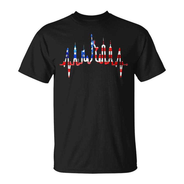 New York Skyline Heartbeat Flag Statue Of Liberty New York T-Shirt