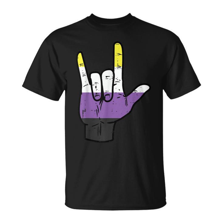 Nonbinary Ich Liebe Dich Hand Sign Language Enby Nb Pride Flag T-Shirt