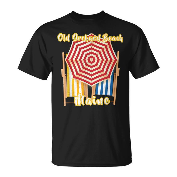 Old Orchard Beach Maine Nautical Umbrella Striped Chairs T-Shirt