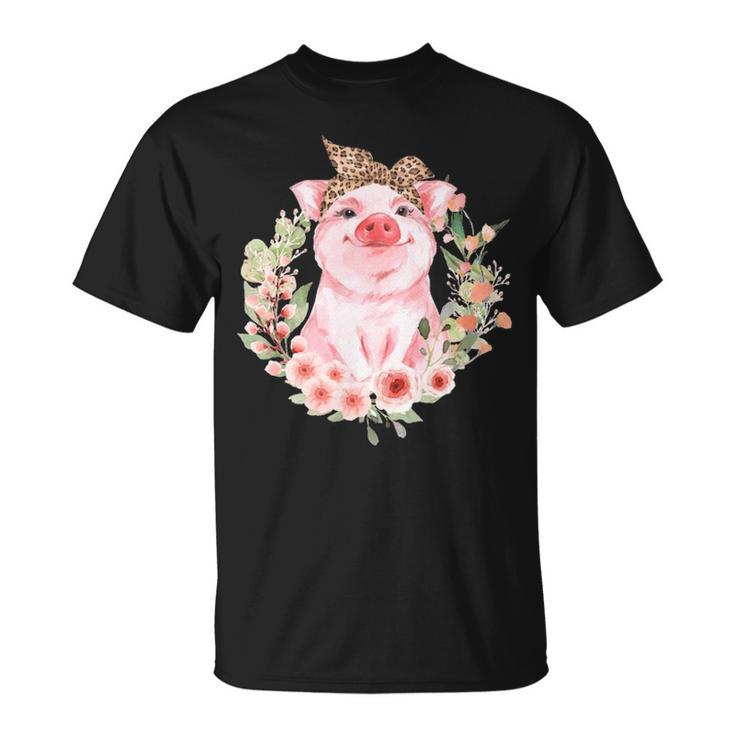 Pig With Leopard Headband Flower Cute Pig Lover T-Shirt
