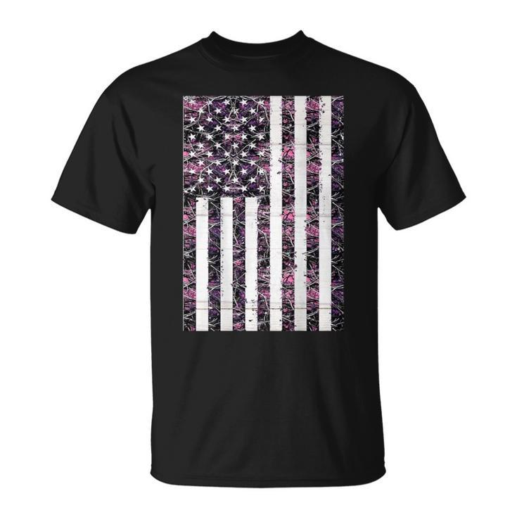 Pink Deer Hunting Camo Camouflage American Flag Back Print T-Shirt