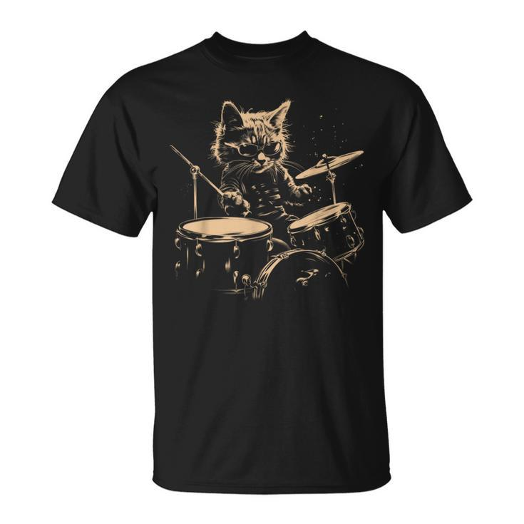Pop Rock Drummer Cat Kitten Music Playing Drums Music Bands T-Shirt
