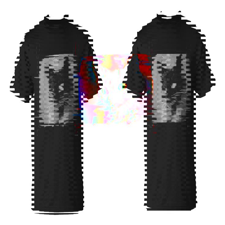Psychedelic Trippy Glitch Cat 80S 90S Vaporwave Synthwave T
