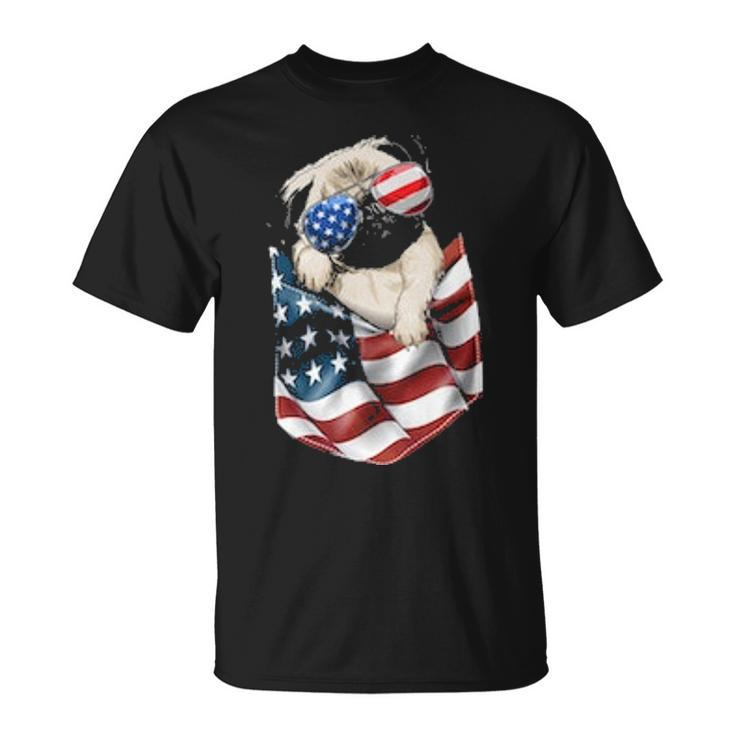 Pug In Pocket Dog 4Th July Usa Flag T-Shirt