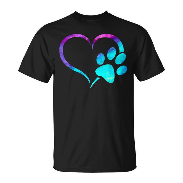 Purple Cyan Turquoise Dog Paw Print Heart For Dogs Lover T-Shirt