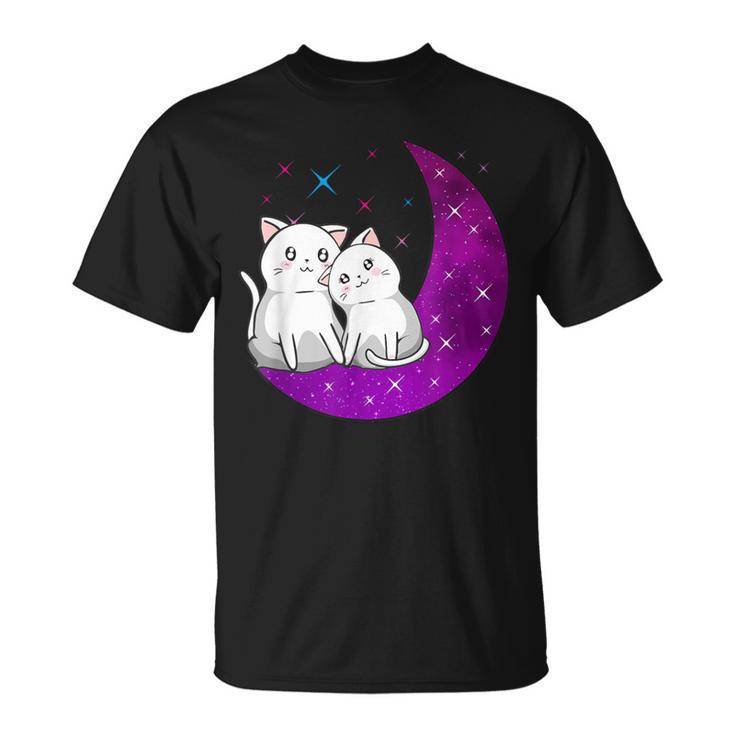 Purple Moon Cats Romantic Fantasy Kawaii Aesthetic Anime Cat T-Shirt