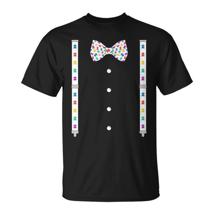 Puzzle Piece Bow Tie Suspenders Autism Awareness Boys T-Shirt
