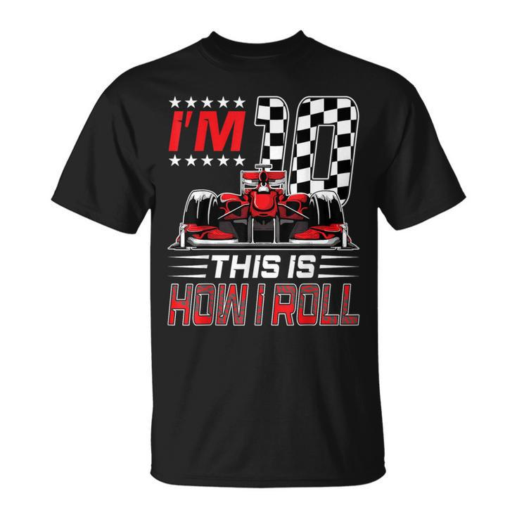 Race Car 10Th Birthday Boy Racing Flag 10 Years Old Pit Crew T-Shirt