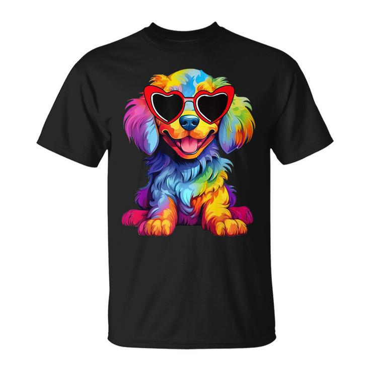 Rainbow Cute Dog Wearing Glasses Heart Puppy Love Dog T-Shirt
