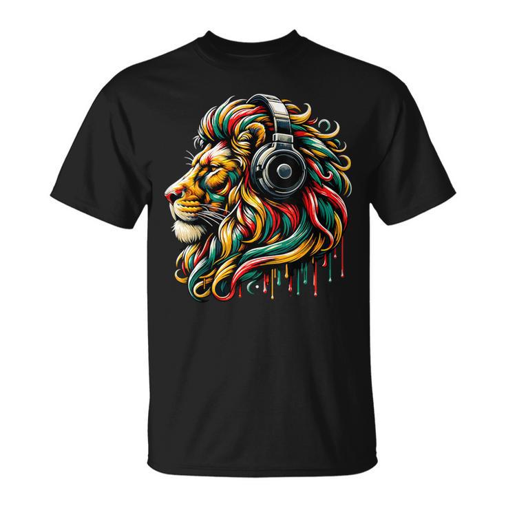 Rasta Reggae Music Headphones Jamaican Lion Of Judah T-Shirt