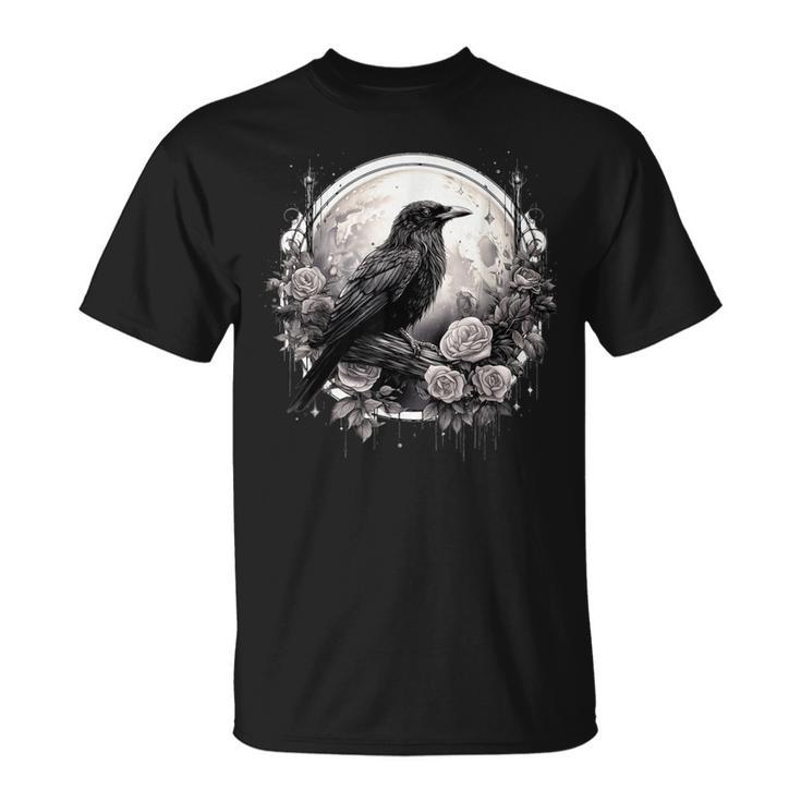 Raven Full Moon Gothic Witchy Crow Roses Mystical T-Shirt
