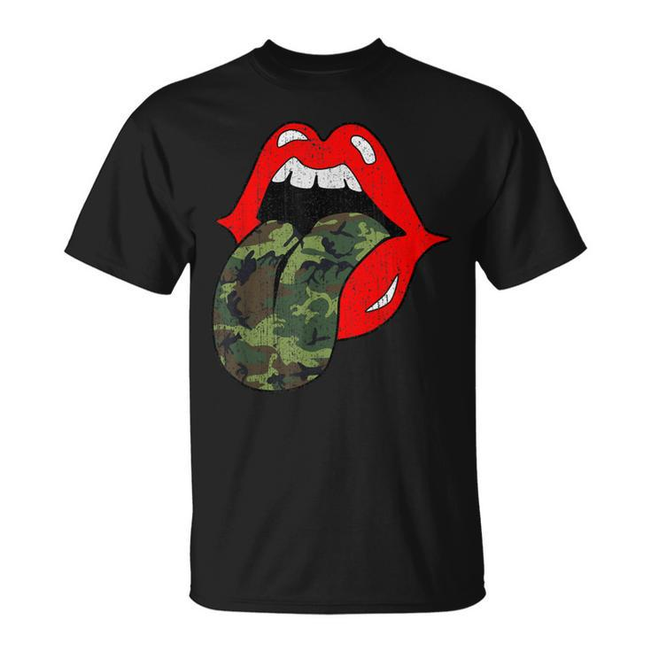Red Lips Camo Tongue Retro Vintage Trendy Camouflage T-Shirt