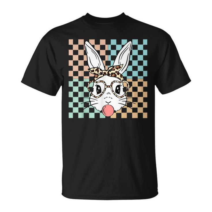 Retro Checkered Bunny Rabbit Face Bubblegum Happy Easter T-Shirt